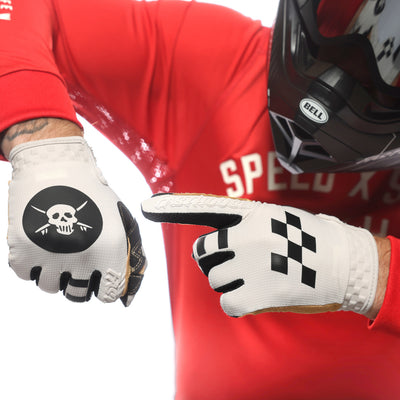 Fasthouse Speed Style Baja Gloves White Sand - Close-Up of One Gloved Hand Pointing at Back of Other Gloved Hand