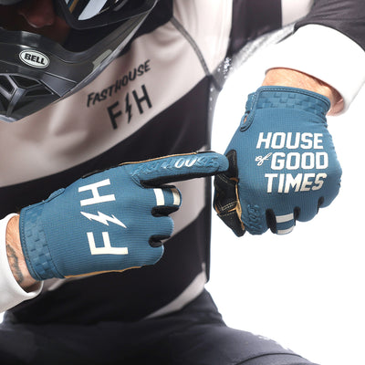 Fasthouse Speed Style Camino Gloves Teal - Close-Up of One Gloved Hand Pointing at Back of Other Gloved Hand