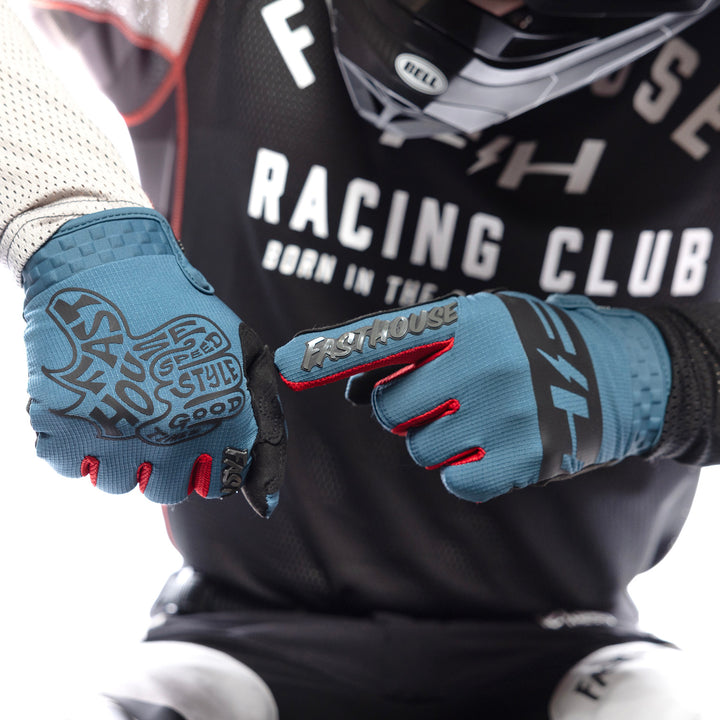 Fasthouse Speed Style Club Gloves Teal - Close-Up of Model Wearing Gloves, Pointing with Left Hand at Back of Right Hand