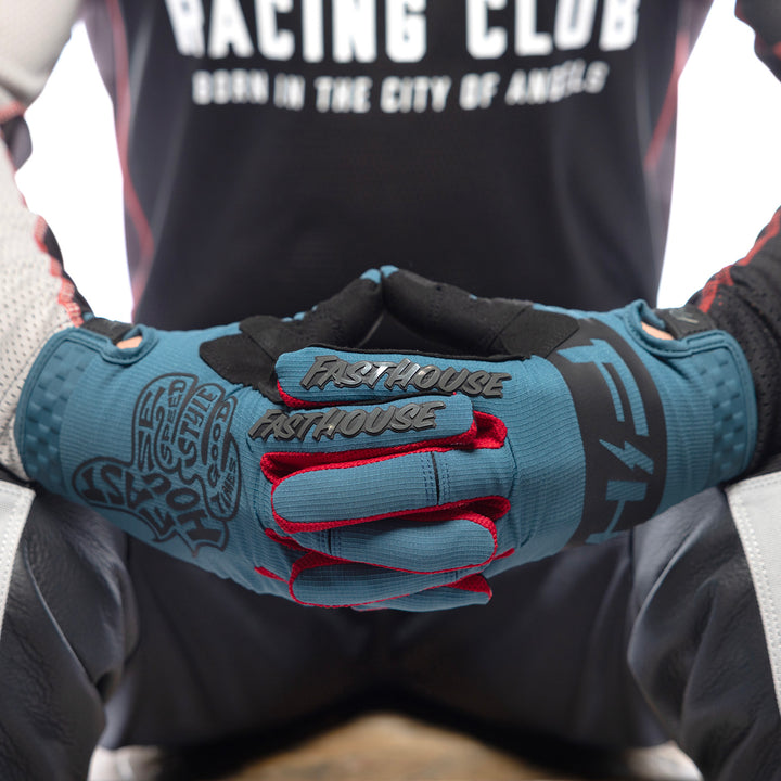 Fasthouse Speed Style Club Gloves Teal - Close-Up of Model Wearing Gloves, Fingers Entwined
