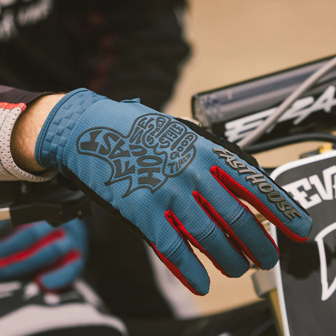 Fasthouse Speed Style Club Gloves Teal - Lifestyle Close-Up of Gloved Hand Resting Over Handlebar