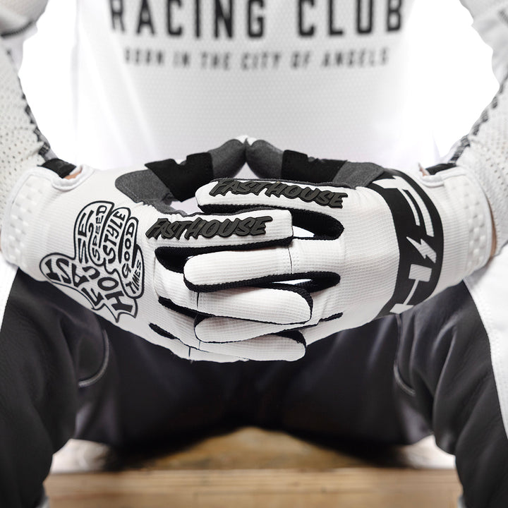 Fasthouse Speed Style Club Gloves White - Close-Up of Model Wearing Gloves, Fingers Entwined