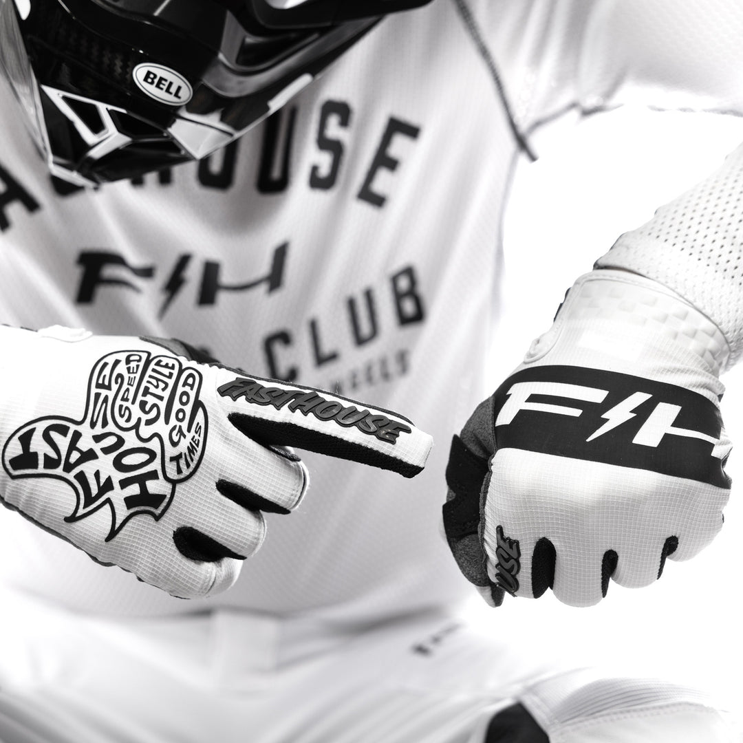 Fasthouse Speed Style Club Gloves White - Close-Up of Model Wearing Gloves, Right Hand Pointing at Back of Left Hand