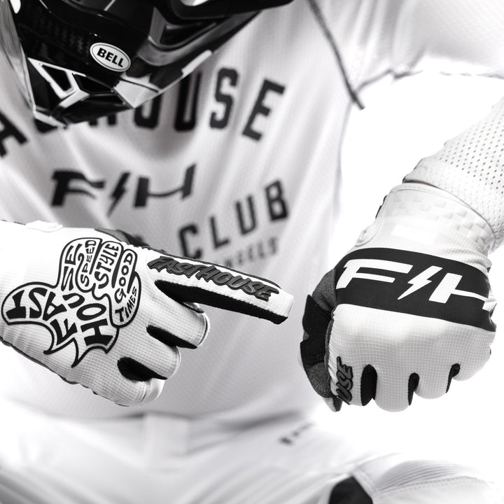 Fasthouse Speed Style Club Gloves White - Close-Up of Model Wearing Gloves, Right Hand Pointing at Back of Left Hand