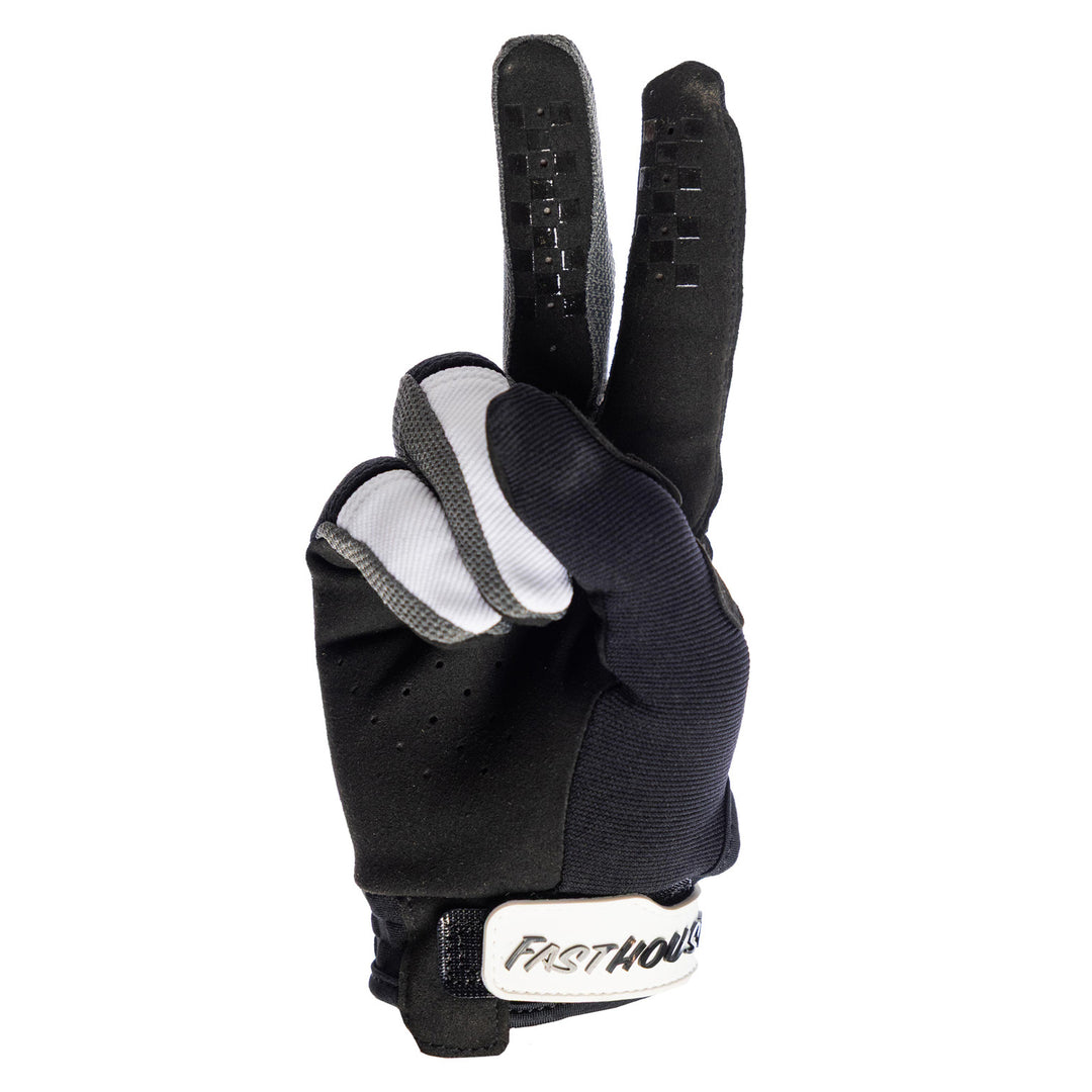 Fasthouse Speed Style Hudson Gloves Black/White - Palm View of Glove Set Up as Peace Sign