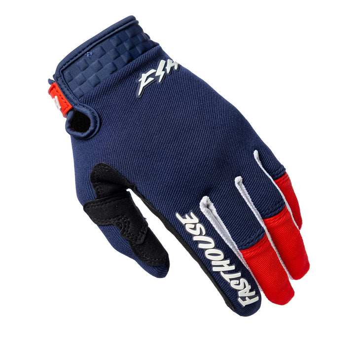 Fasthouse Speed Style Hudson Gloves Blue/Red - Back of Left Hand View