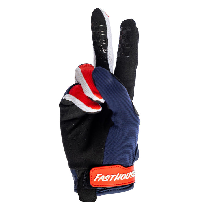 Fasthouse Speed Style Hudson Gloves Blue/Red - Palm View of Glove Set Up as Peace Sign