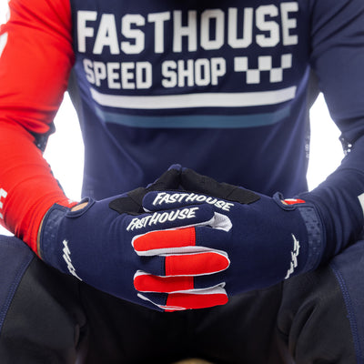 Fasthouse Speed Style Hudson Gloves Blue/Red - Close-Up of Model's Gloved Hands Together, Fingers Entwined