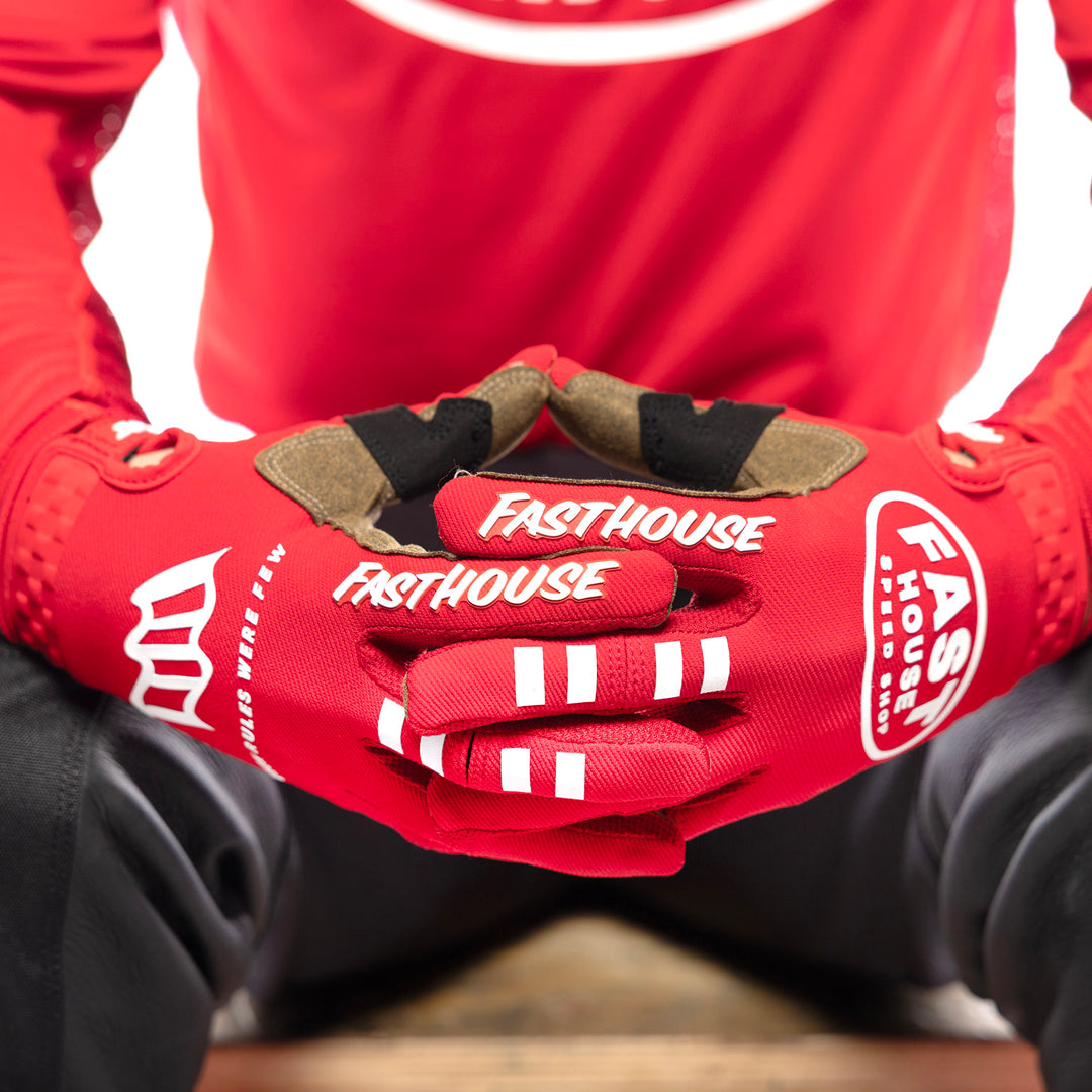 Fasthouse Speed Style Ramble Gloves Red - Close-Up of Model Wearing Gloves, Fingers Entwined