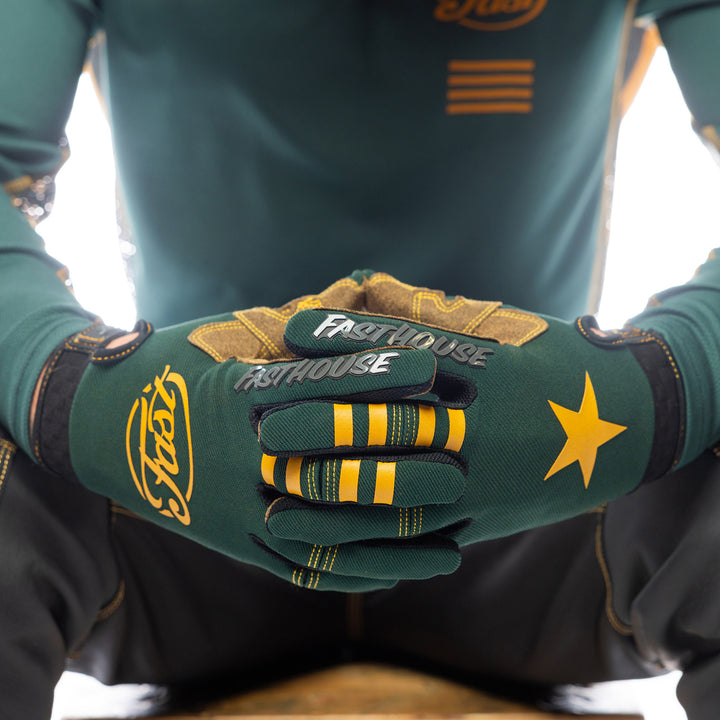 Fasthouse Speed Style Ramone Gloves Pine/Black - Close-Up of Model's Gloved Hands Together, Fingers Entwined