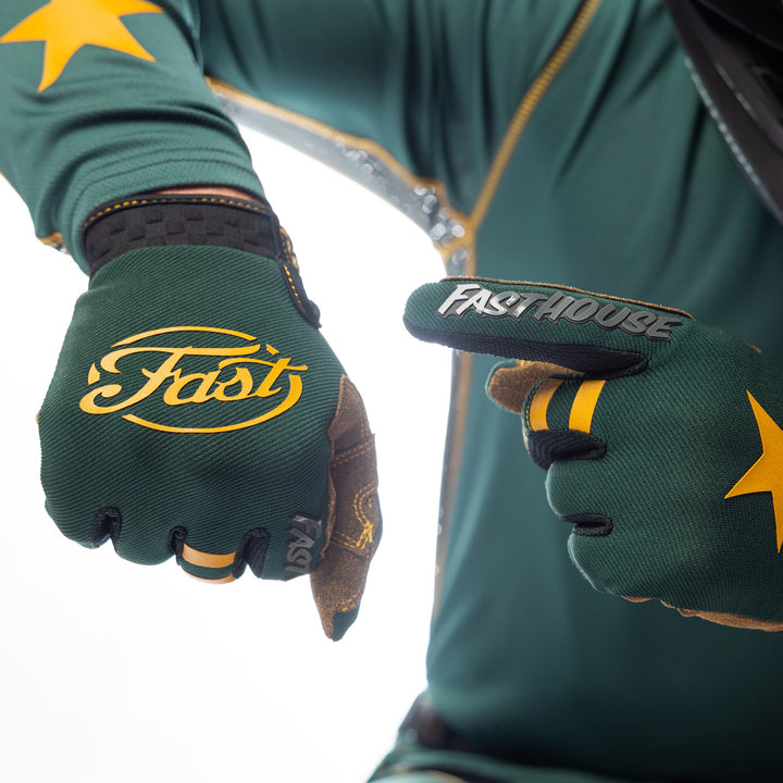 Fasthouse Speed Style Ramone Gloves Pine/Black - Close-Up of Model's Gloved Hands, Pointing with One at Back of Other