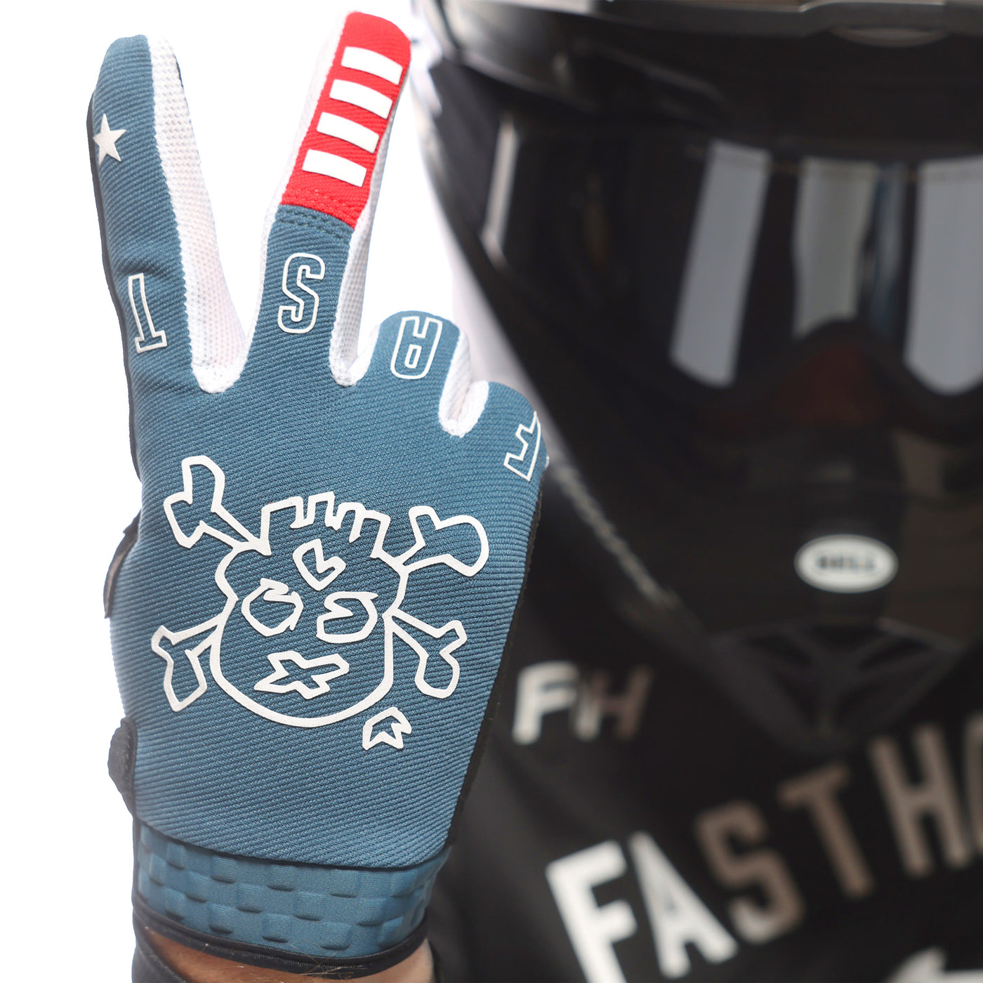 Fasthouse Speed Style The Bird Gloves Teal - Close-Up of Gloved Hand Throwing Peace Sign