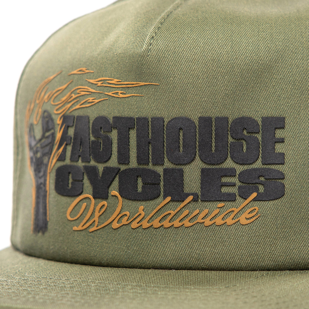 Fasthouse Spanner Hat Olive - Close-Up of Front Graphic