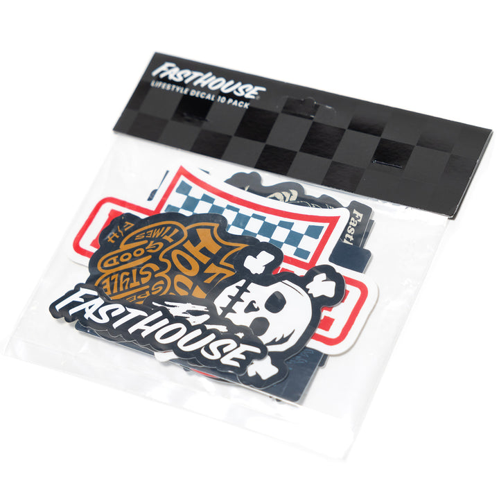 Fasthouse Spring '25 Decal 10 Pack - Angled View of Stickers in Packaging