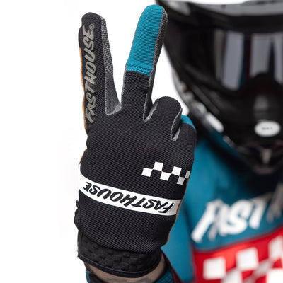 Fasthouse Speed Style Mod Gloves White/Black/Marine - Close-Up of Gloved Hand Throwing Peace Sign