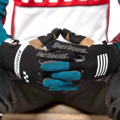 Fasthouse Speed Style Mod Gloves White/Black/Marine - Close-Up of Gloved Hand with Fingers Entwined