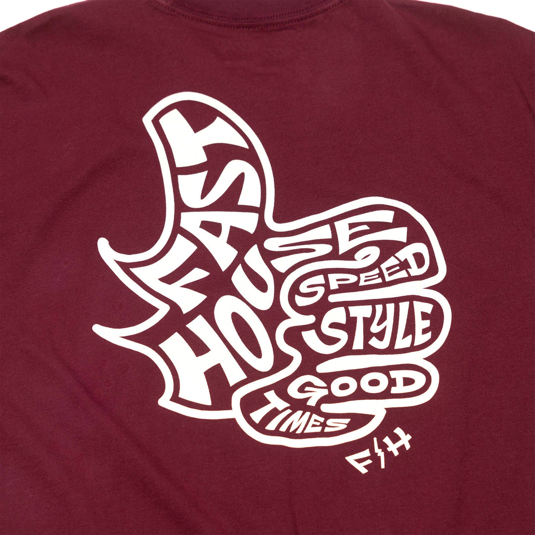 Fasthouse Satisfaction SS Tee Maroon - Close-Up of Graphic on Rear