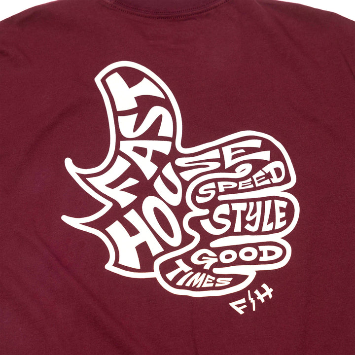 Fasthouse Satisfaction SS Tee Maroon - Close-Up of Graphic on Rear