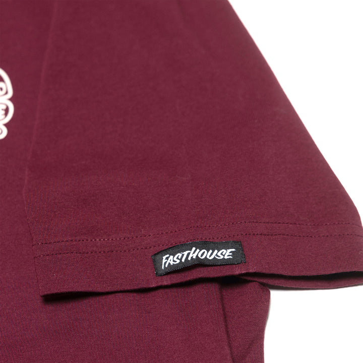Fasthouse Satisfaction SS Tee Maroon - Close-Up of Brand Tag on Sleeve