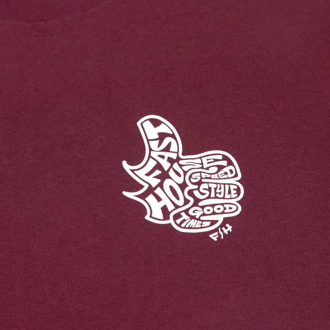 Fasthouse Satisfaction SS Tee Maroon - Close-Up of Graphic on Front