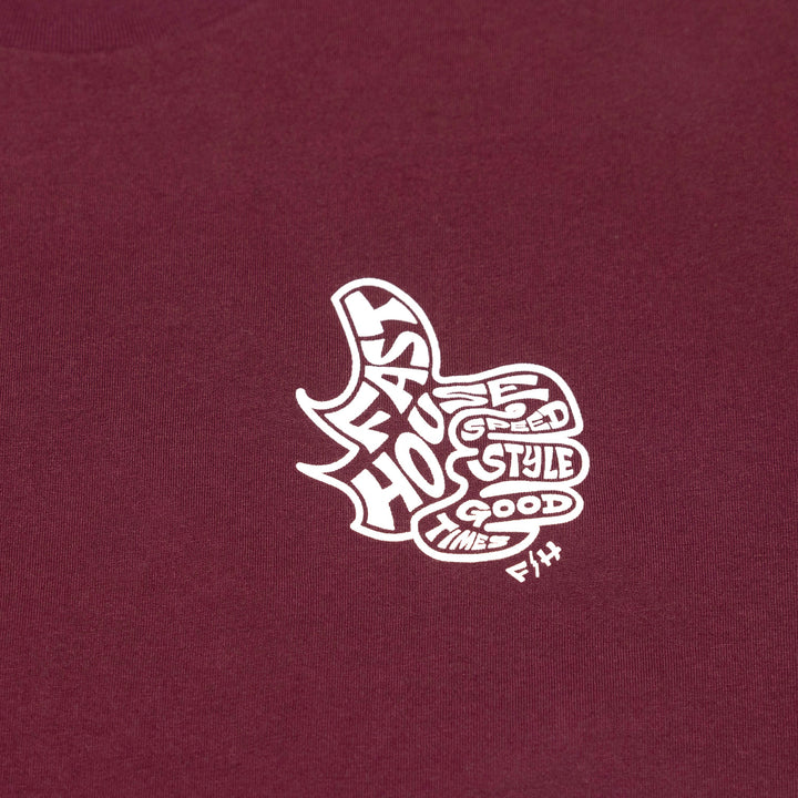 Fasthouse Satisfaction SS Tee Maroon - Close-Up of Graphic on Front