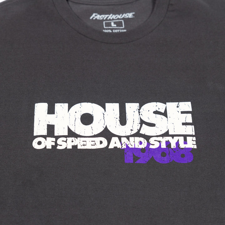 Fasthouse The House SS Tee Graphite Black - Close-Up of Graphic on Front