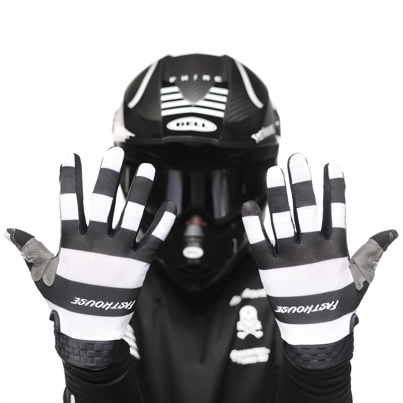 Fasthouse Vapor Jailbird Gloves Black/White - Model Posing with Gloves, Showing Off Both Back Sides