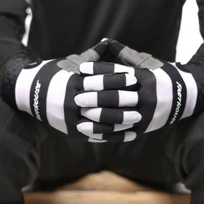 Fasthouse Vapor Jailbird Gloves Black/White - Model Posing with Gloves, Fingers Threading Together