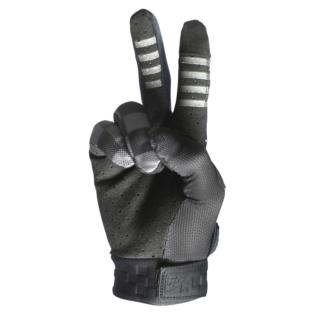 Fasthouse Vapor Reaper Gloves Black - Palm View, Staged as Peace Sign