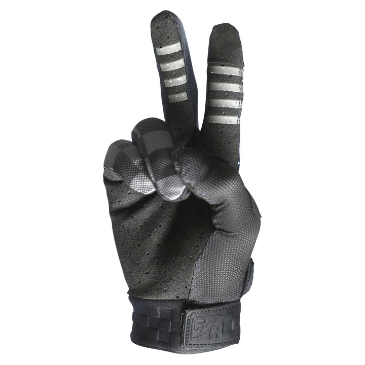 Fasthouse Vapor Reaper Gloves Black - Palm View, Staged as Peace Sign