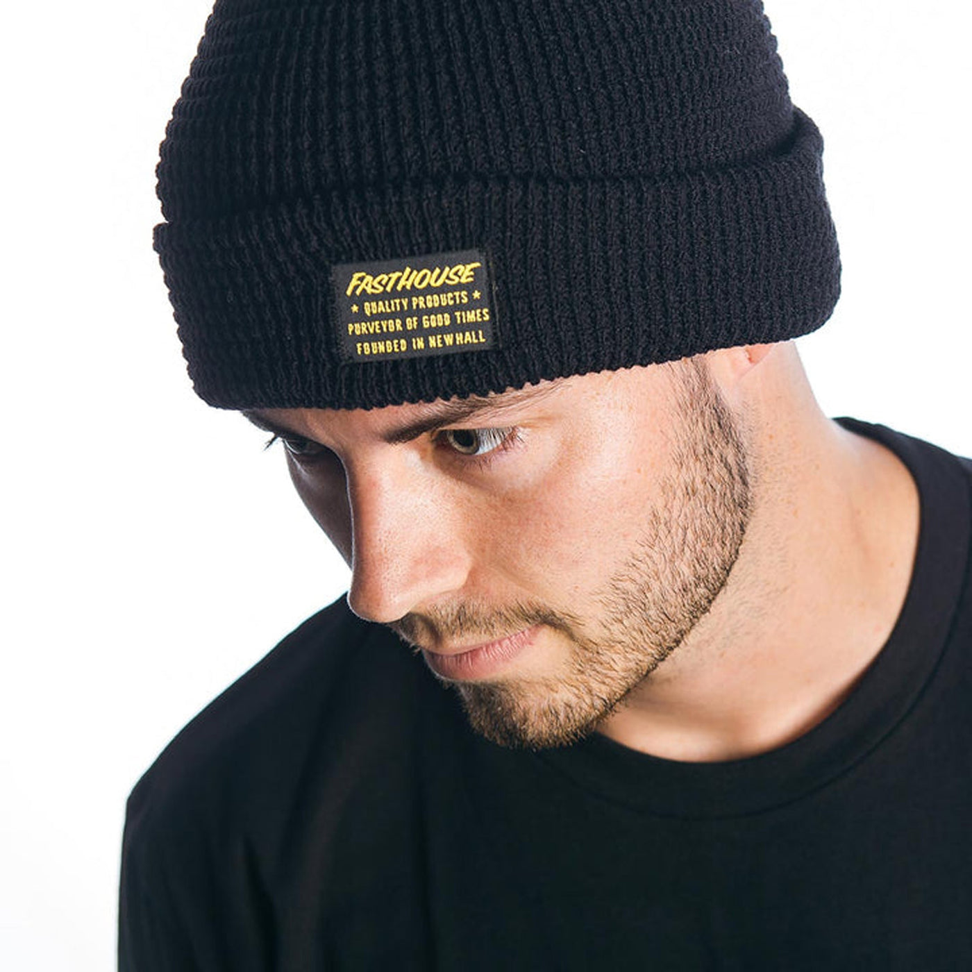 Fasthouse Waffle Beanie Black - Studio Shot of Model Wearing Beanie