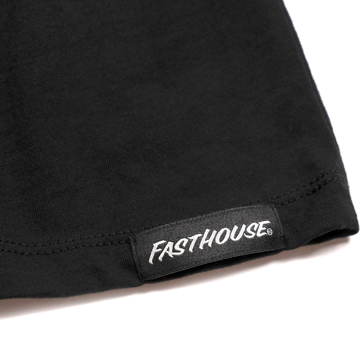 Fasthouse Women's Macabre Tee Black Mineral Wash - Close-Up of Tag Sewn into Hem