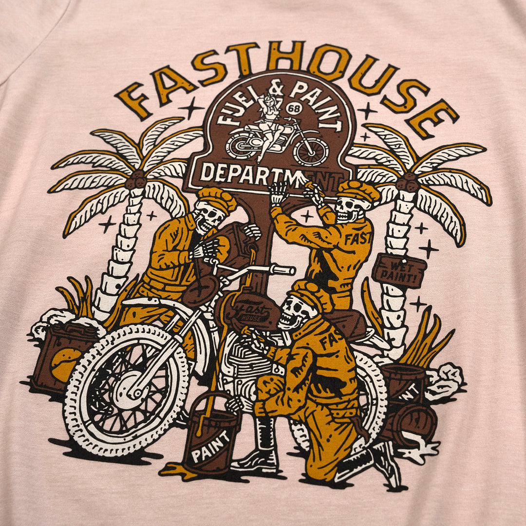 Fasthouse Women's Macabre Tee Heather Pink Gravel - Close-Up of Graphic on Front