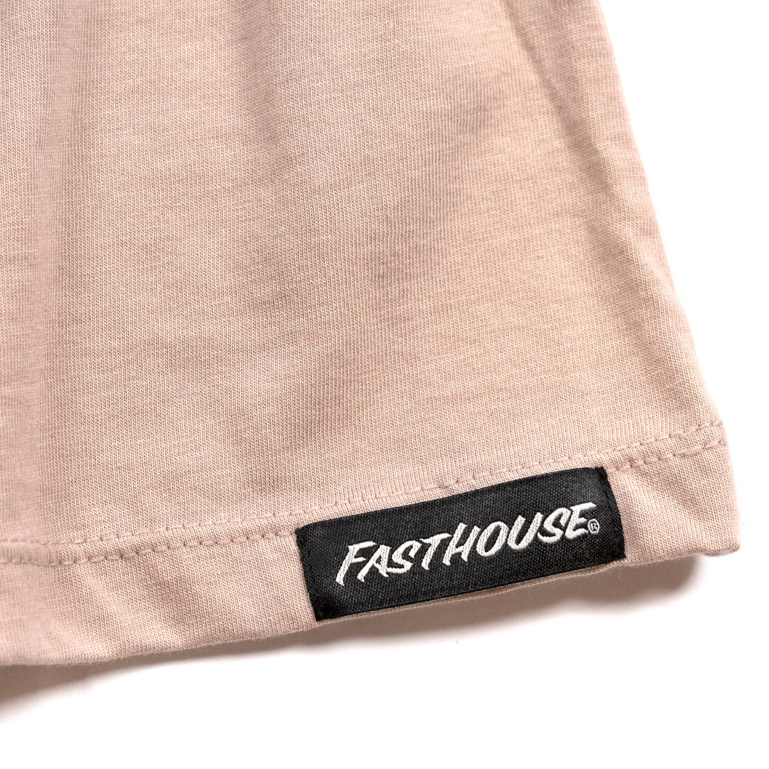 Fasthouse Women's Macabre Tee Heather Pink Gravel - Close-Up of Tag Sewn into Hem