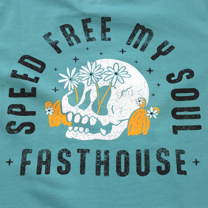 Fasthouse Women's Charmed Tee Blue Spruce - Close-Up of Graphic on Back