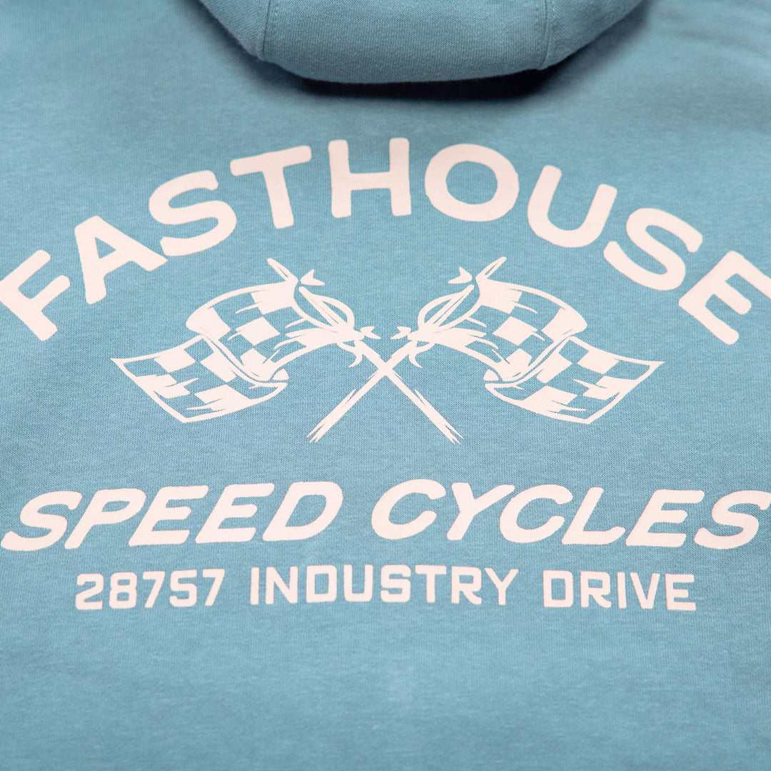 Fasthouse Women's Crown Hooded Zip-Up Denim - Close-Up of Graphic on Rear