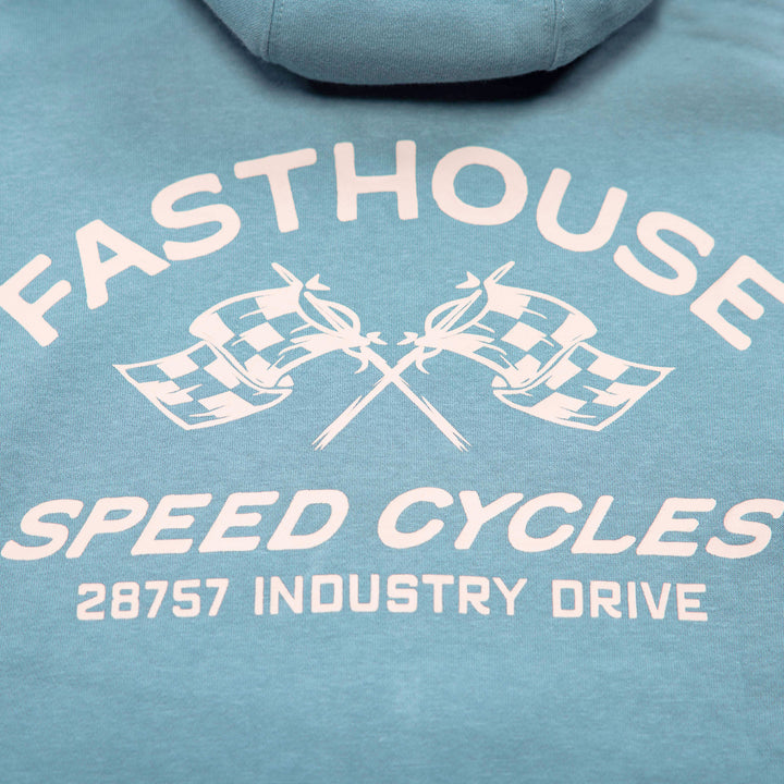 Fasthouse Women's Crown Hooded Zip-Up Denim - Close-Up of Graphic on Rear