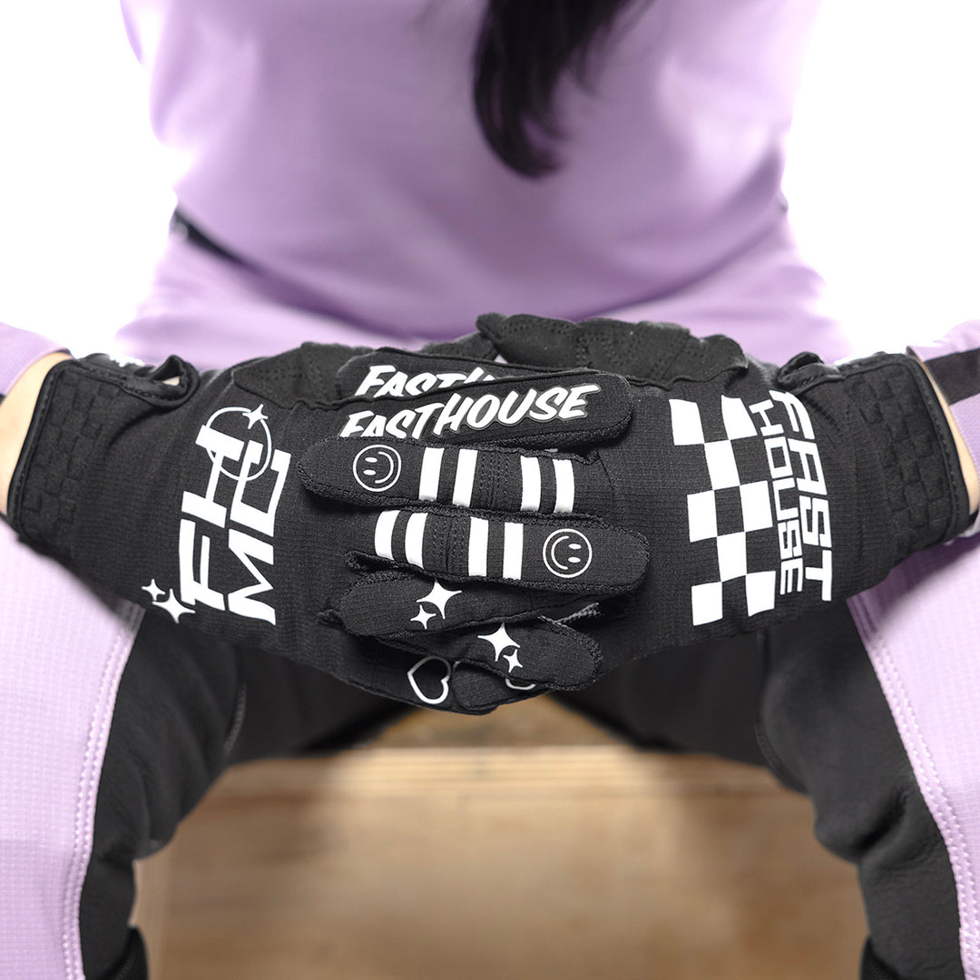 Fasthouse Women's Elrod Xenon Gloves Black - Close-Up of Model Wearing Gloves, Fingers Entwined