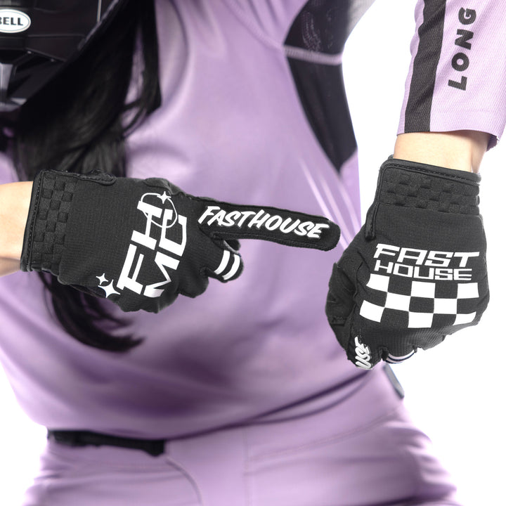Fasthouse Women's Elrod Xenon Gloves Black - Close-Up of Model Wearing Gloves, Right Hand Pointing at Back of Left Hand