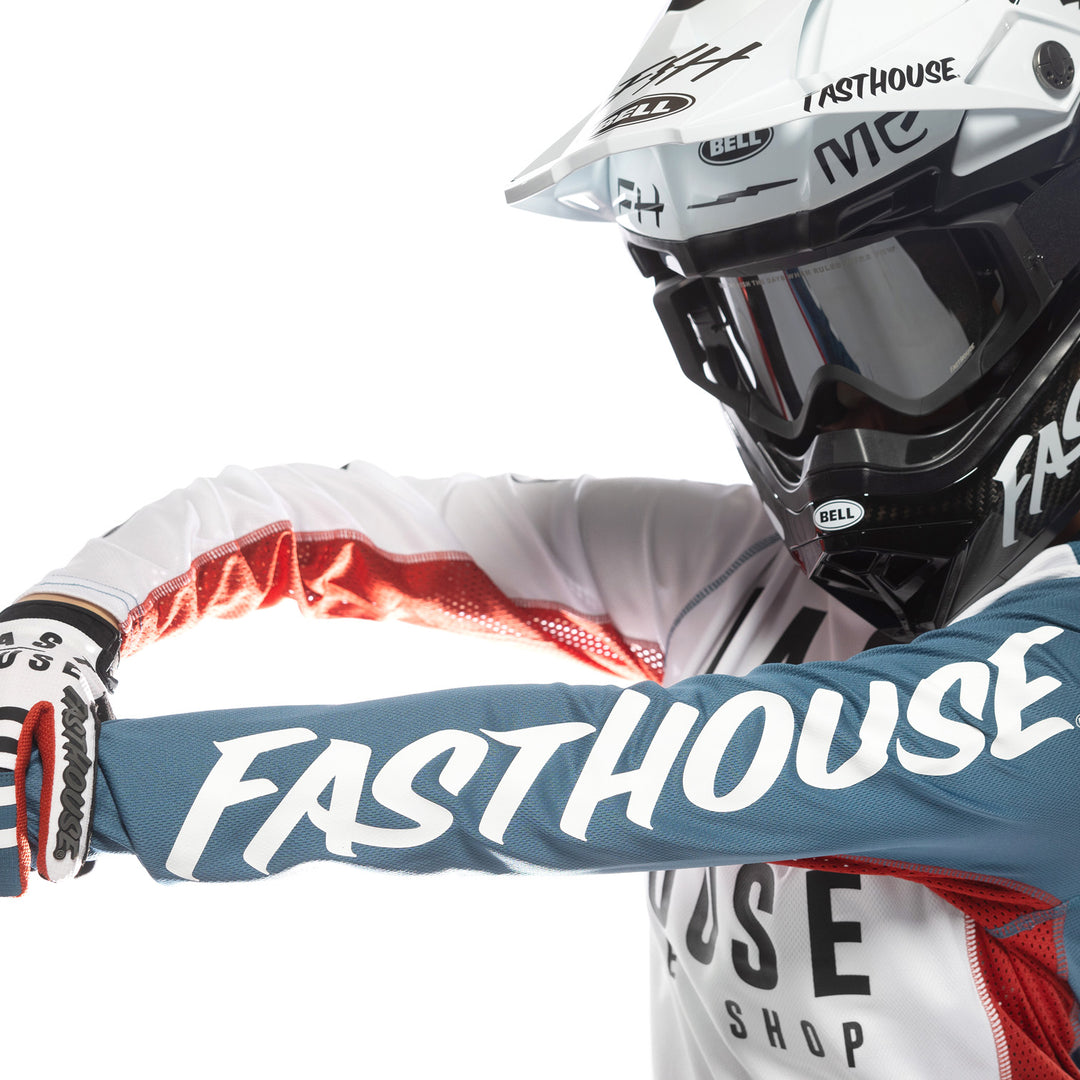 Fasthouse Women's Grindhouse Anthem Jersey White/Teal - Close-up of Left Sleeve Graphic