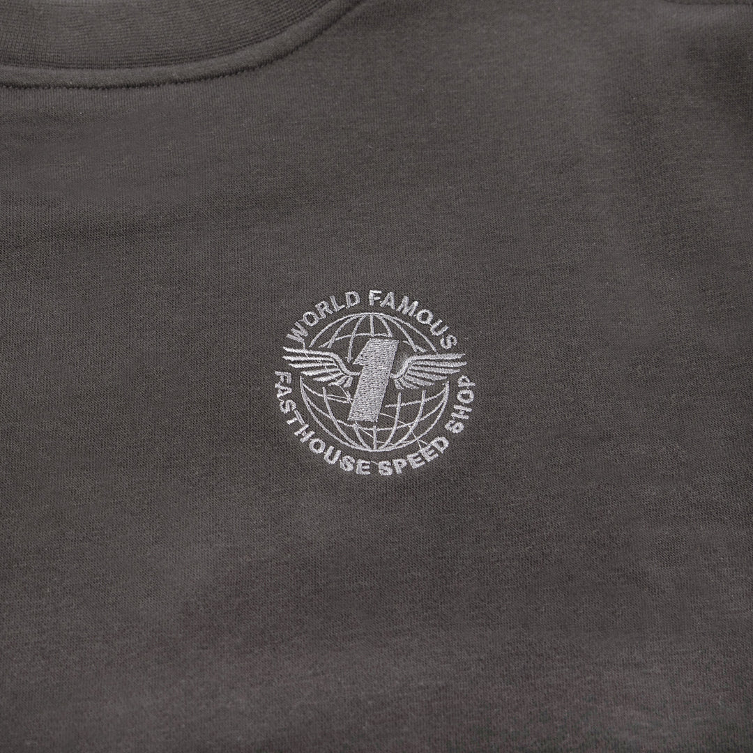 Fasthouse Women's Renown Crew Neck Crop Pullover Black - Close-Up of Stitched Graphic on Front