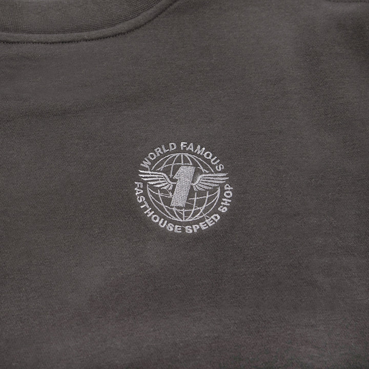 Fasthouse Women's Renown Crew Neck Crop Pullover Black - Close-Up of Stitched Graphic on Front