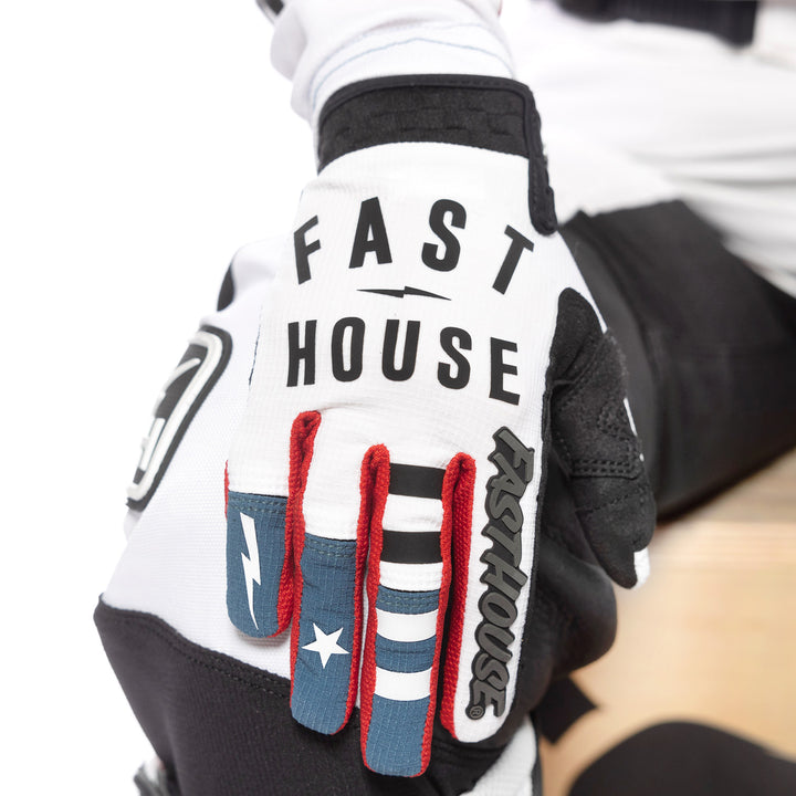 Fasthouse Women's Speed Style Anthem Gloves White/Teal - Close-Up of Right Gloved Hand Resting on Knee