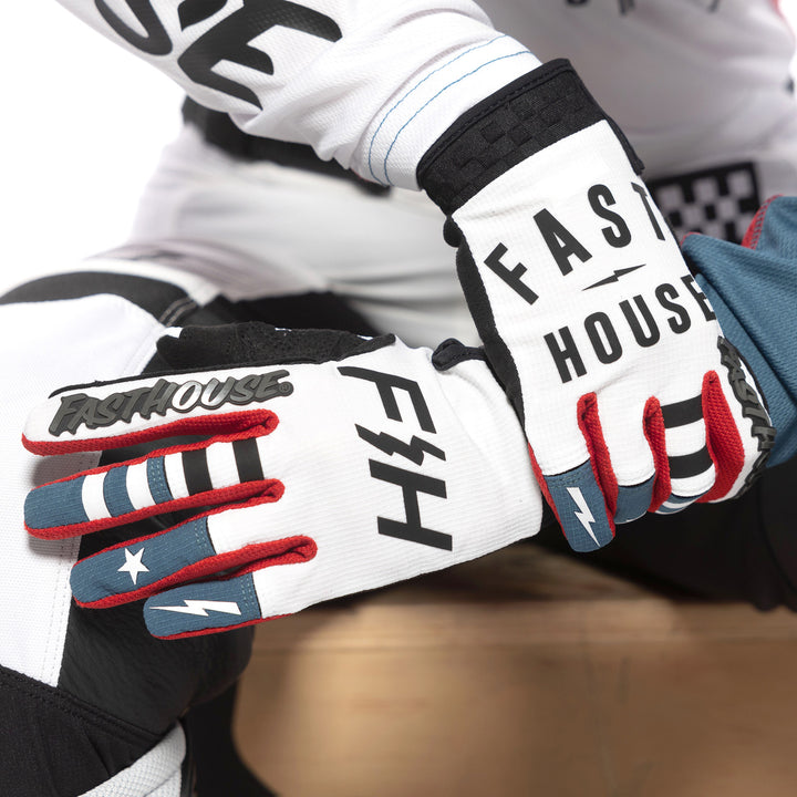 Fasthouse Women's Speed Style Anthem Gloves White/Teal - Close-Up of Gloved Hands Criss-Crossed