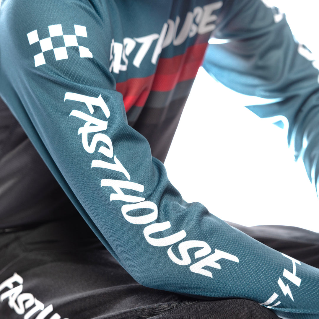 Fasthouse Youth Carbon Force Jersey Teal - Close-Up of Right Sleeve Graphics