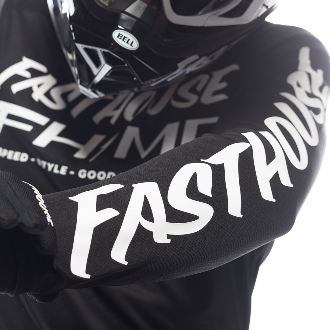 Fasthouse Youth Carbon Method Jersey Black/Gray - Close-Up of Left Sleeve Graphics