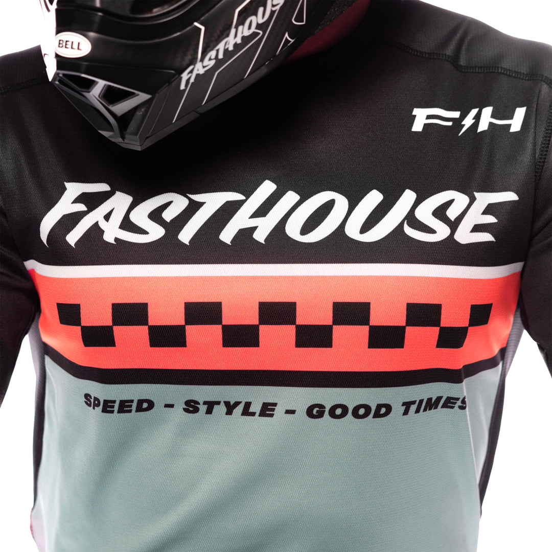 Fasthouse Youth Elrod Formula Jersey Oceanic Mint/Hyper Coral - Close-Up of Front Graphics