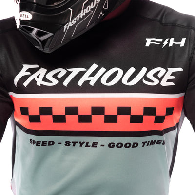 Fasthouse Youth Elrod Formula Jersey Oceanic Mint/Hyper Coral - Close-Up of Front Graphics