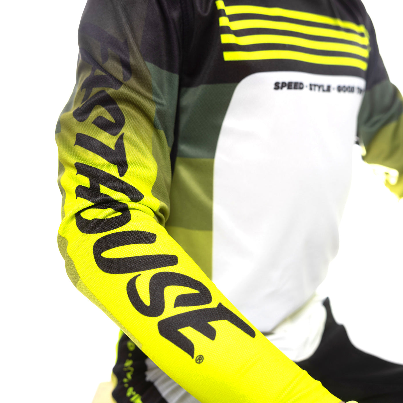 Fasthouse Youth Elrod Hypersonic Jersey Hi-Viz - Close-up of Sleeve Graphic