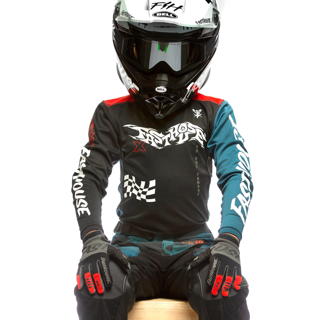 Fasthouse Youth Grindhouse Bereman Jersey Black/Infrared - Front View of Model Wearing Jersey